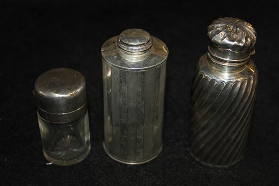 Silver talc dispenser and 2 scent bottles